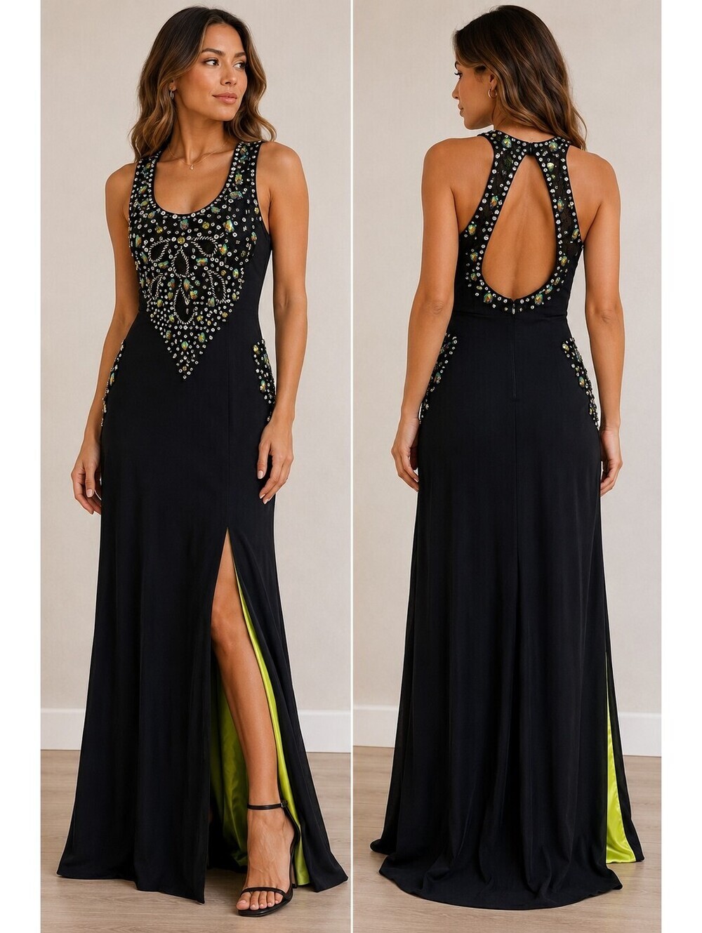 Cache Black Beaded Open Back Gown Slit Dress Formal Prom US4